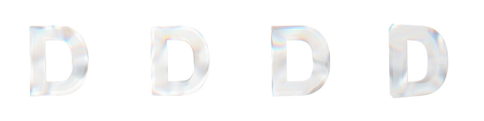 Set of 4 3d letter D with glass distortion effect isolated on a transparent background. 3d transparent elements for graphic design.