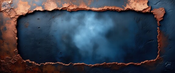 Dark mystical forest, misty atmosphere, eerie blue lighting, ancient stone frame, rusty metal border, fantasy landscape, ethereal glow, mysterious woodland, haunting scene, magical realm, dreamlike qu