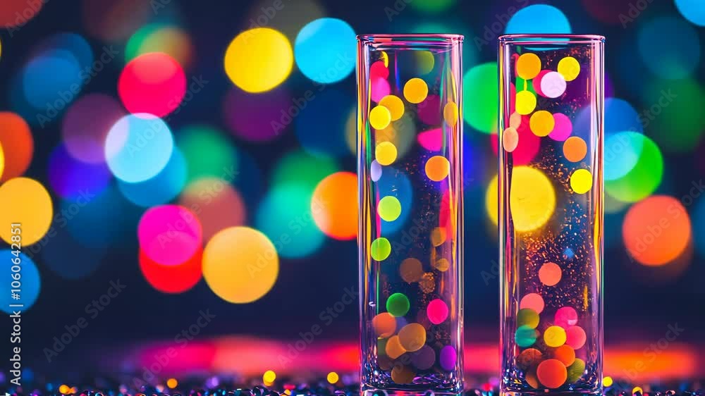 Aufkleber two tall glasses with colorful lights reflecting inside are placed on a dark surface in front of a b