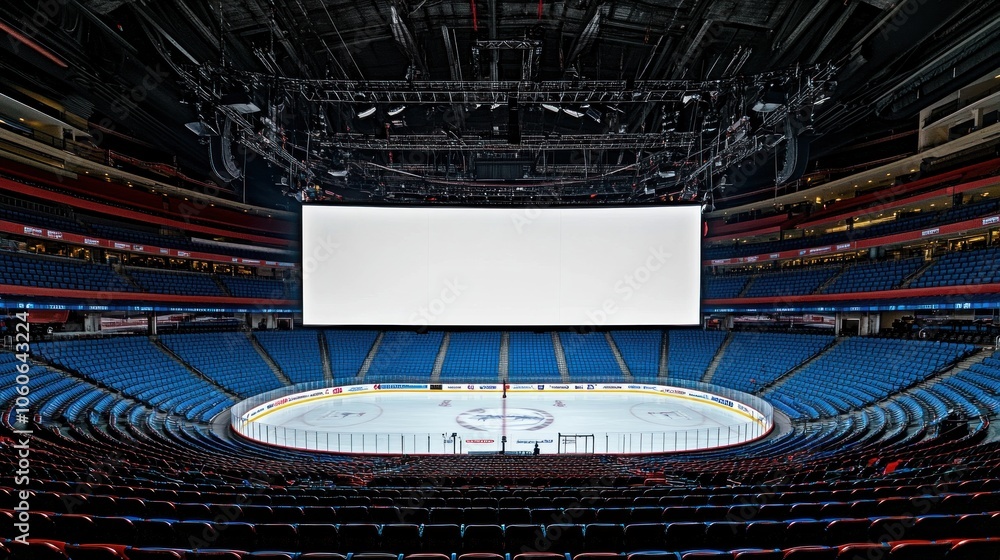 Poster a large empty arena with an ice rink and seating, featuring a blank screen above.