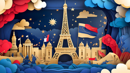 France bastille day independence day, celebrating freedom with vector paper cut art. French Revolution Paris. Illustration