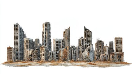 A depiction of a devastated city skyline with crumbling buildings and a desolate landscape.