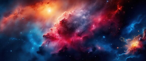 Fototapeta premium Vibrant nebula, cosmic clouds, deep space, red and blue colors, starry background, swirling gases, celestial beauty, astronomical phenomenon, galactic art, colorful cosmos, ethereal space scene, inter