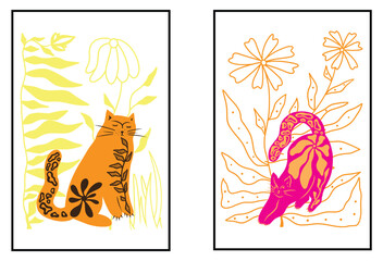 Bright Wall Art Decor Beautiful collection of flower and cat posters with foliage, bouquet, floral composition. Notebook cover
