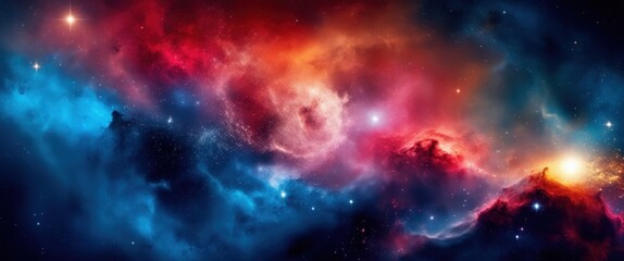 Naklejka premium Vibrant nebula, cosmic clouds, deep space, red and blue colors, starry background, swirling gases, celestial beauty, astronomical phenomenon, galactic art, colorful cosmos, ethereal space scene, inter