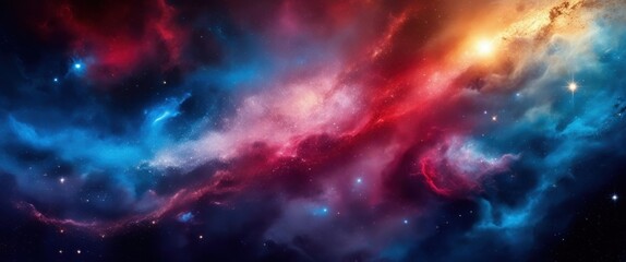 Obraz premium Vibrant nebula, cosmic clouds, deep space, red and blue colors, starry background, swirling gases, celestial beauty, astronomical phenomenon, galactic art, colorful cosmos, ethereal space scene, inter