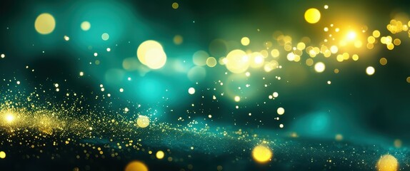 Obraz premium Magical fireflies, enchanted forest, glowing orbs, night sky, teal and gold color palette, bokeh effect, ethereal atmosphere, fantasy landscape, shimmering lights, dreamy illumination, mystical nature