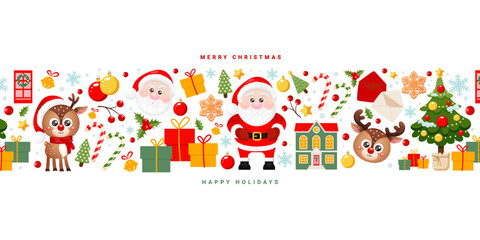 Merry Christmas greeting card with cute Santa Claus, reindeer, snowflakes, candy cane. Vector illustration on white background