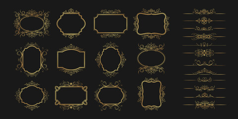 Set of vintage decorative gold calligraphic ornamental borders and frames. Elegant floral ornamental borders. Vector template