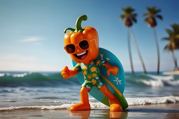 An energetic orange bell pepper character, wearing sunglasses and a floral shirt, rides a wave on a surfboard with an excited expression against a sunny beach backdrop, capturing the joy of summer fun