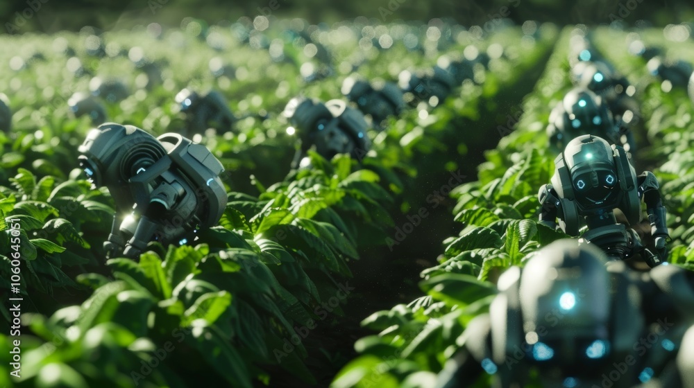 Poster a fleet of sleek silver robots buzz through rows of green leafy crops using 5g connections to commun