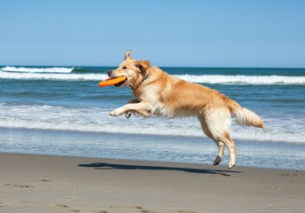 Golden Retriever Jumping for a Frisbee on the Beach
