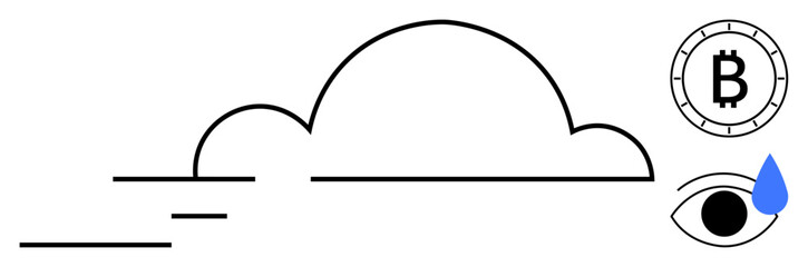 Simplistic cloud shape, stylized bitcoin coin, eye with a blue teardrop. Ideal for finance, cryptocurrency, technology, emotions, internet, cloud computing, minimalism concepts. Line metaphor