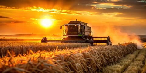 Fototapeta premium Against the golden canvas, a lone combine silhouetted, a harvest symphony in motion.
