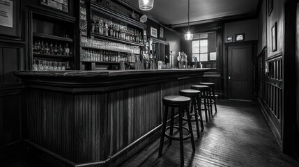 A dimly lit bar interior featuring a wooden counter and stools, inviting for social gatherings.