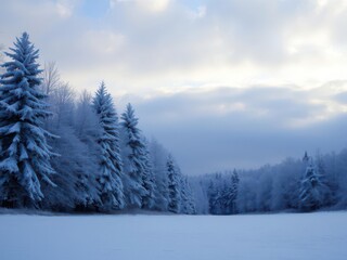 Naklejka premium A serene and peaceful winter landscape with snow-covered trees and a soft, cloudy sky, serene