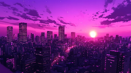 Obraz premium Retro-Futuristic Synthwave Cityscape: Abstract Anime Illustration