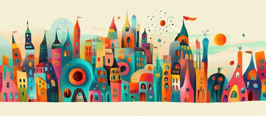 Vibrant and whimsical cityscape with colorful buildings, a playful and fun illustration perfect for any project needing a touch of fantasy.