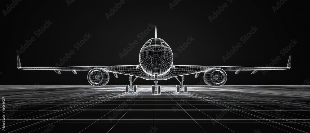 Poster a wireframe representation of an airplane, showcasing a technical design perspective.