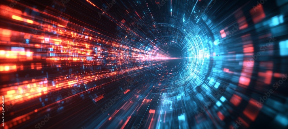 Poster Digital virtual wormhole portal. Space time dilation. Science. Generative AI technology.
