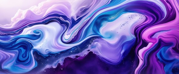 Obraz premium Abstract fluid art, vibrant swirls, blue and purple color palette, marbled texture, glossy finish, liquid motion, psychedelic patterns, high contrast, digital painting, fantasy landscape, cosmic flow,