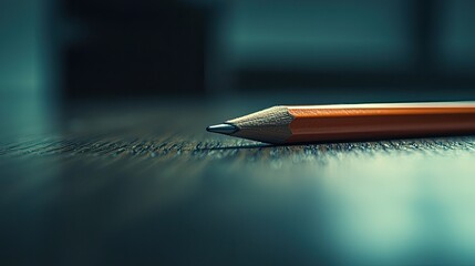 Close-up shot of a sharpened orange pencil resting on a wooden surface in a dimly lit environment.