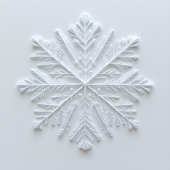 Delicate white paper-cut snowflake with intricate pine-branch patterns and a symmetrical design on a soft background, capturing the essence of winter beauty and minimalist decor.