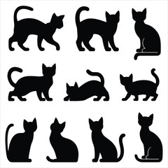 Set of cat silhouettes in various poses. isolated vector on white background