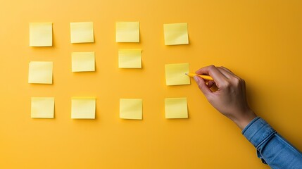 Hand placing a yellow sticky note on an organized grid over a vibrant yellow background.