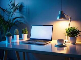 Minimalist Night Photography of a Mockup Laptop with Blank Screen on a Home Office Desk, Ideal for Workspace Inspiration and Digital Marketing