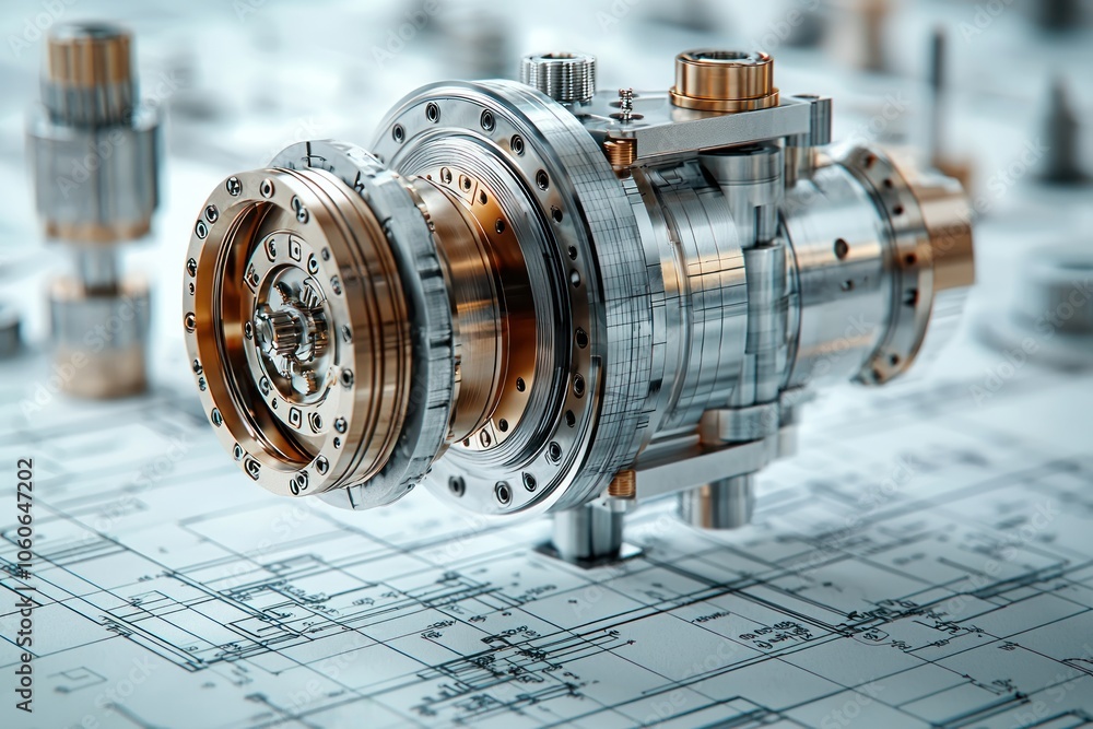 Poster Detailed Close-up of a Complex Mechanical Component on a Technical Blueprint