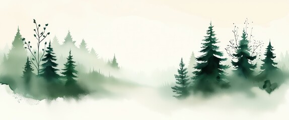 Misty forest landscape, watercolor painting, ethereal atmosphere, pine trees, foggy mountains, soft green hues, minimalist style, dreamy scenery, tranquil nature, fading silhouettes, atmospheric persp