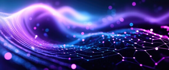 Obraz premium Abstract cosmic swirl, vibrant purple and blue nebula, glowing energy vortex, starry background, luminous particles, ethereal light streaks, futuristic digital landscape, deep space, cosmic energy flo