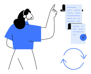 Person pointing to a long checklist, signaling task completion and organization. Ideal for project management productivity checking tasks business administration and workflow optimization. Simple