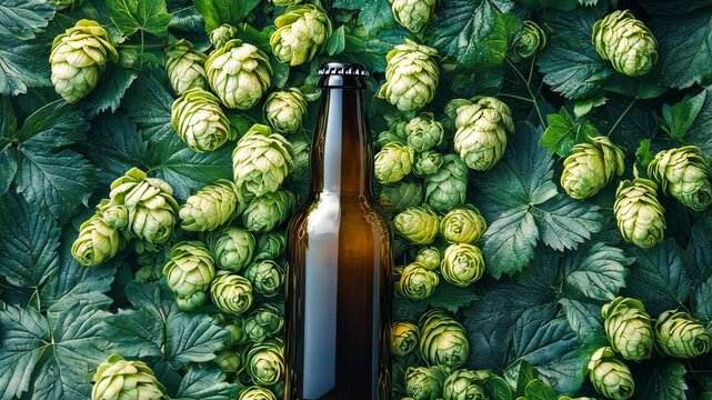 Brown beer bottle standing on fresh hops