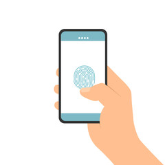 Hand holding mobile phone with fingerprint