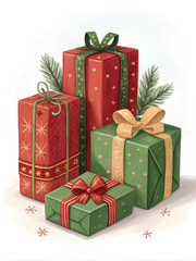 Christmas present boxes set in red and green with pine branches