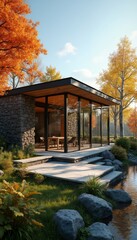 Obraz premium Modern Pavilion With Glass Walls Surrounded by Vibrant Autumn Landscape