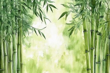 Asian Serenity: Green Bamboo Forest in Watercolor. Exotic Tropical Botanical Illustration