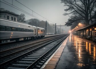 Naklejka premium Dramatic High Contrast Monochrome Image of a Sleek Modern Train Speeding Through Urban Landscape