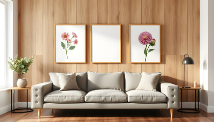 Frames collage with floral posters on wooden panels wall over modern couch, interior decor mockup isolated with white highlights, png