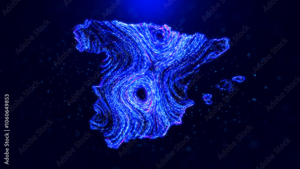 Poster abstract spain map design, featuring glowing blue hairlines, dynamic flowing patterns, and scattered