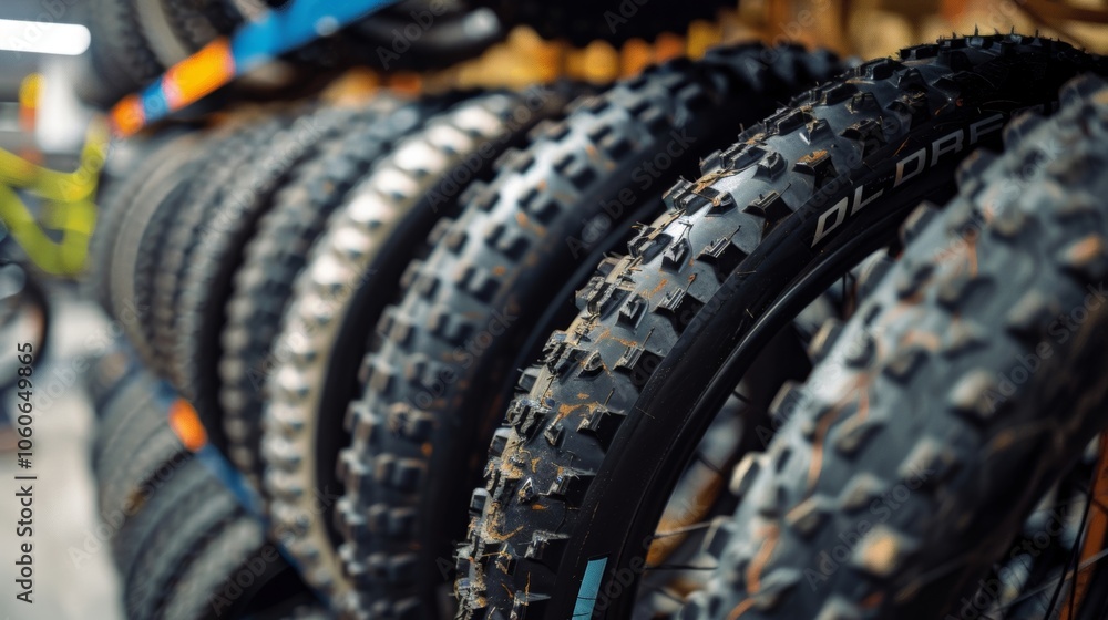 Poster a shelf full of spare bike tires with different tread patterns for different riding conditions.
