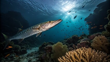 Obraz premium Dramatic Low-Key Underwater Shot Highlighting the Majestic Slender Body of a Marine Creature