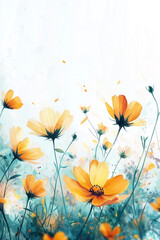  A field of pink Cosmos flowers in full bloom, basking under bright sunlight against a clear blue sky.
