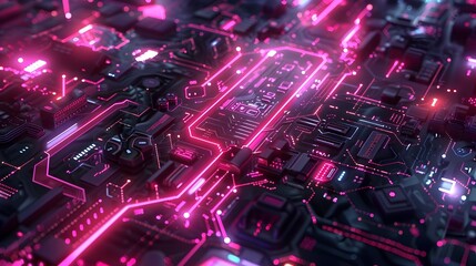 Glowing Digital Circuit Tech Board with Intricate Electronic Pathways and Neon Energy Trails in Futuristic Abstract Landscape