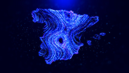 Abstract Spain map design, featuring glowing blue hairlines, dynamic flowing patterns, and scattered bokeh dot particles, creating a tech-inspired and modern digital aesthetic