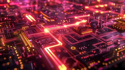 Obraz premium Glowing Digital Circuit Tech Board with Intricate Electronic Pathways and Neon Energy Trails for Futuristic Setting