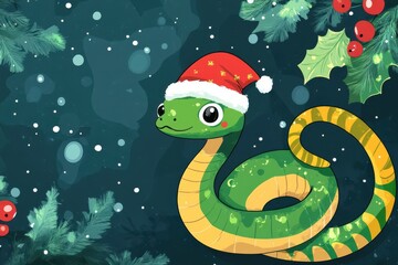 Obraz premium A cheerful green snake wearing a Santa hat surrounded by holiday greenery, including holly and pine branches.