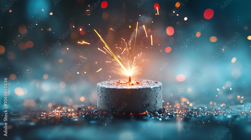 Poster captivating close-up of a red firecracker igniting sparks in a sparkling atmosphere